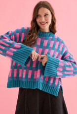Cara and the Sky Charlotte Geometric Pattern Wide Sleeve Knit Jumper in Teal