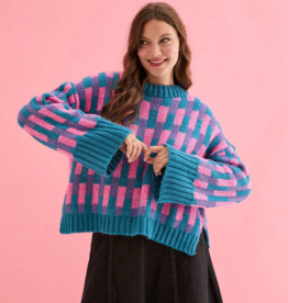 Cara and the Sky Charlotte Geometric Pattern Wide Sleeve Knit Jumper in Teal