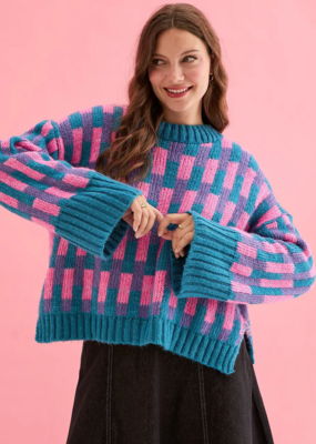 Cara and the Sky Charlotte Geometric Pattern Wide Sleeve Knit Jumper in Teal