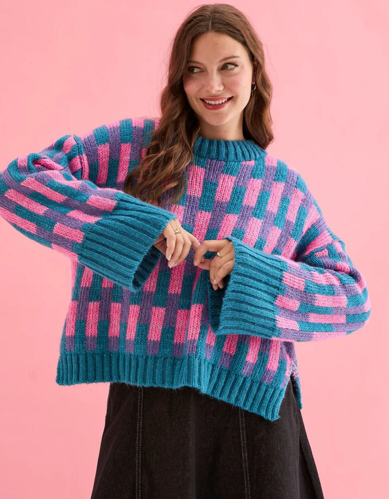 Cara and the Sky Charlotte Geometric Pattern Wide Sleeve Knit Jumper in Teal