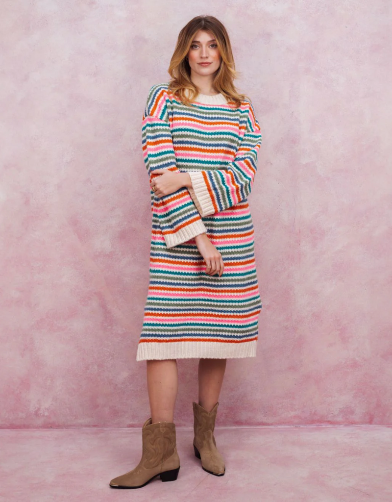 Cara and the Sky Becca Rainbow Stripe Knitted Midi Dress