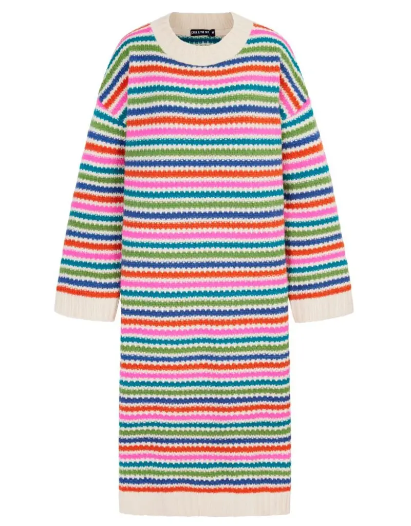 Cara and the Sky Becca Rainbow Stripe Knitted Midi Dress