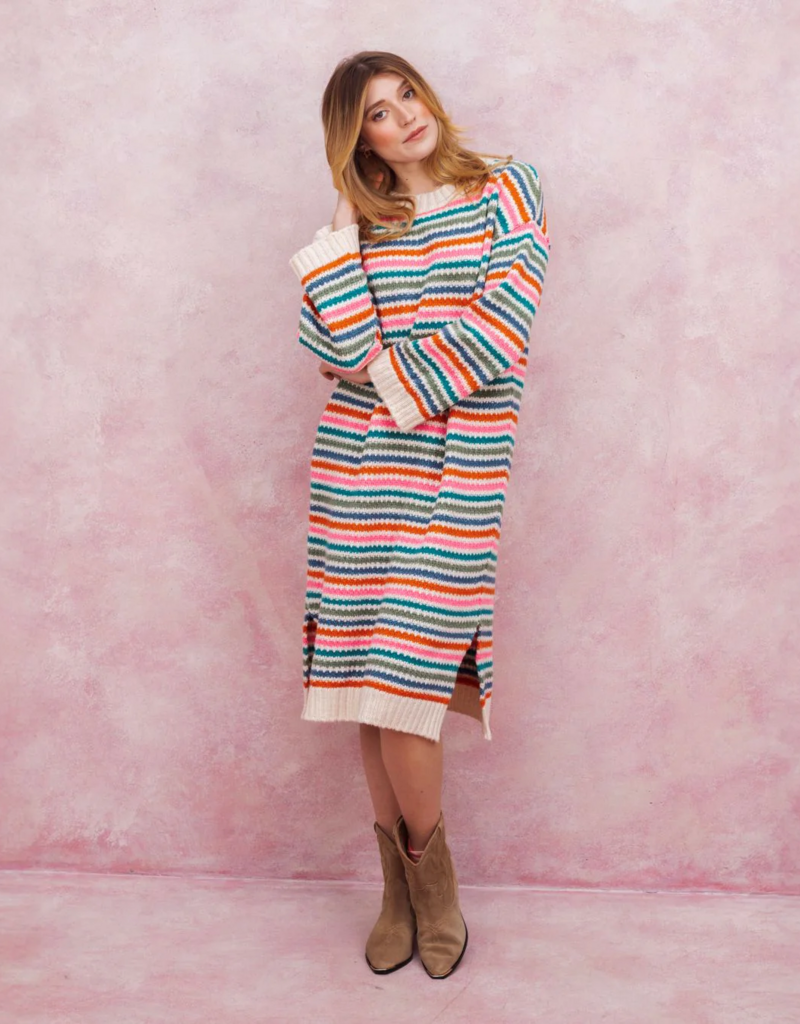 Cara and the Sky Becca Rainbow Stripe Knitted Midi Dress