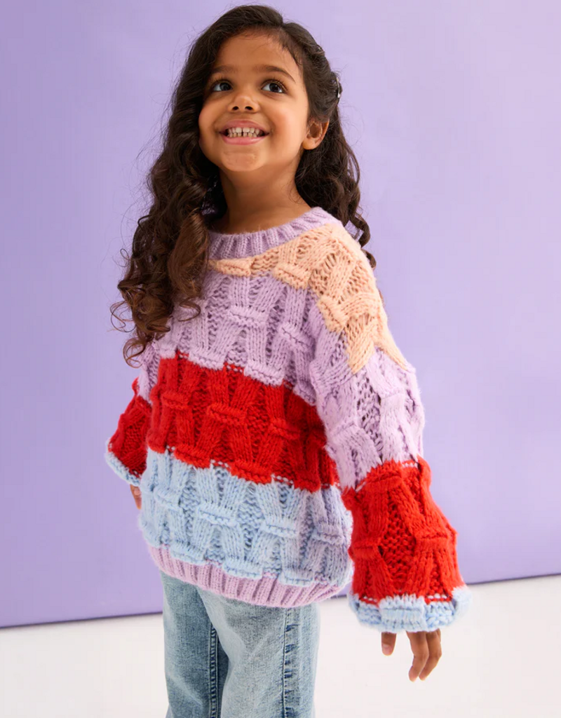 Cara and the Sky Mandy Kids Criss-Cross Stitch Balloon Sleeve Stripe Jumper
