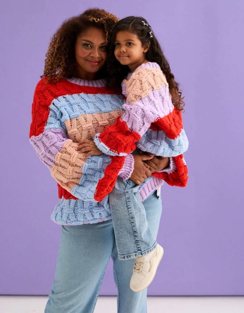 Cara and the Sky Mandy Kids Criss-Cross Stitch Balloon Sleeve Stripe Jumper
