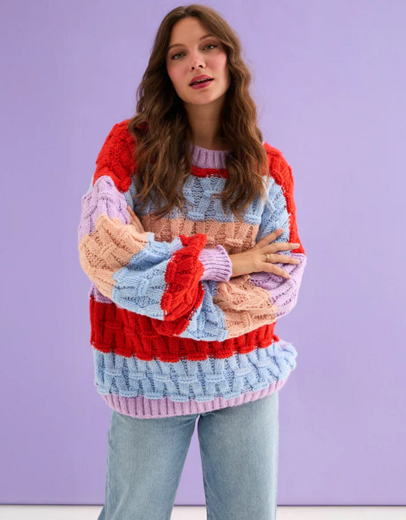 Cara and the Sky Mandy Criss-Cross Stitch Balloon Sleeve Stripe Jumper