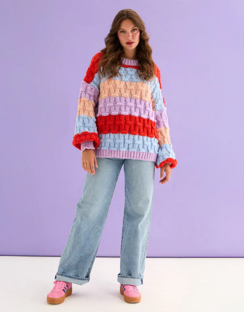 Cara and the Sky Mandy Criss-Cross Stitch Balloon Sleeve Stripe Jumper