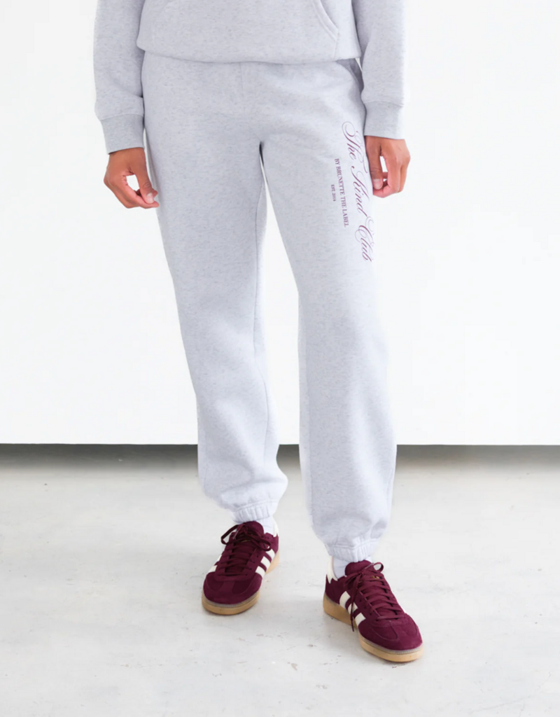 Brunette the Label Kind Club Best Friend Jogger In Pebble Grey w/ Burgundy Script
