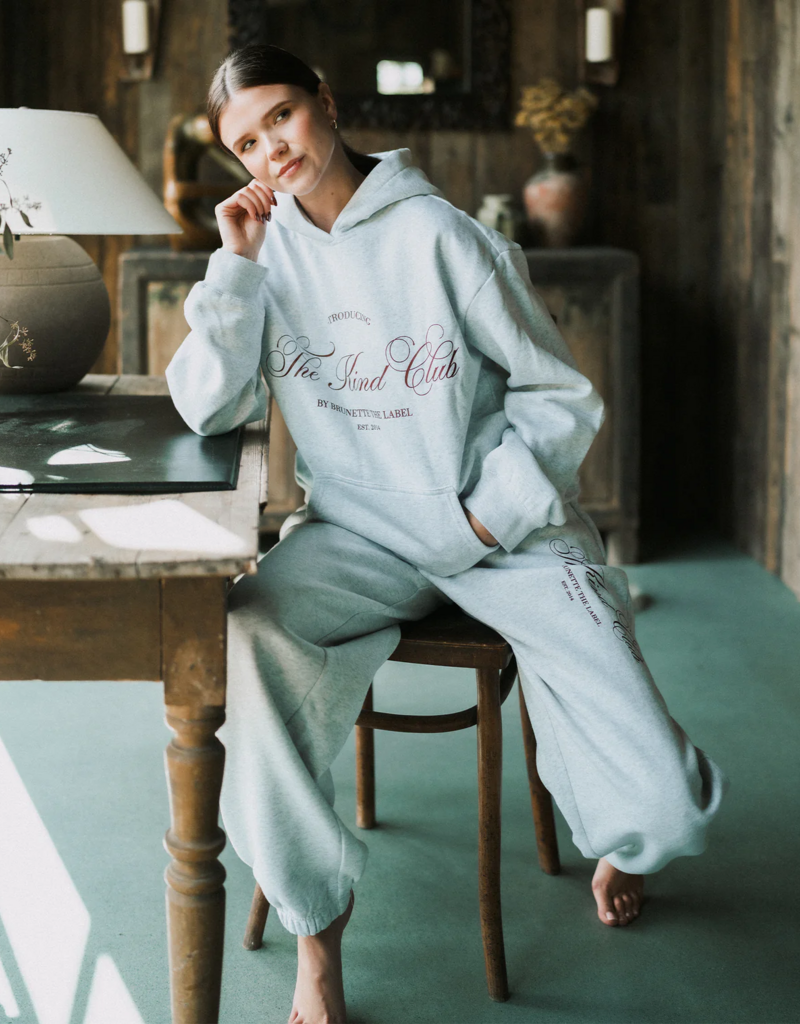 Brunette the Label Kind Club Best Friend Jogger In Pebble Grey w/ Burgundy Script
