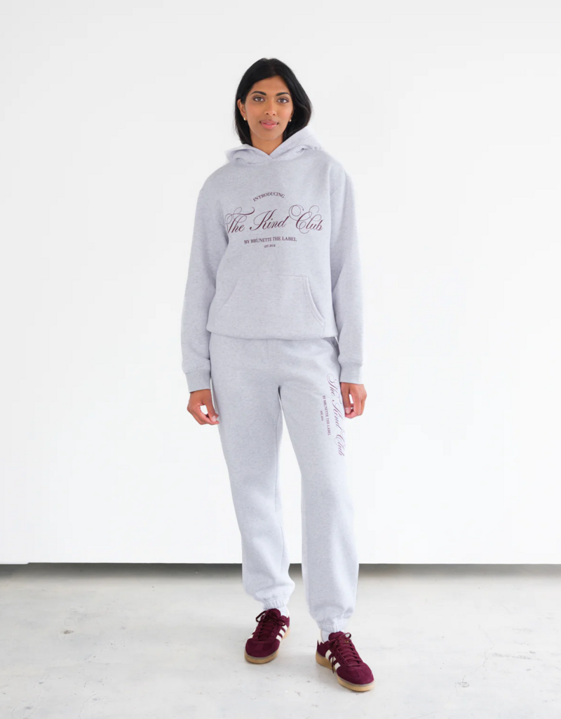 Brunette the Label Kind Club Core Hoodie In Pebble Grey w/ Burgundy Script