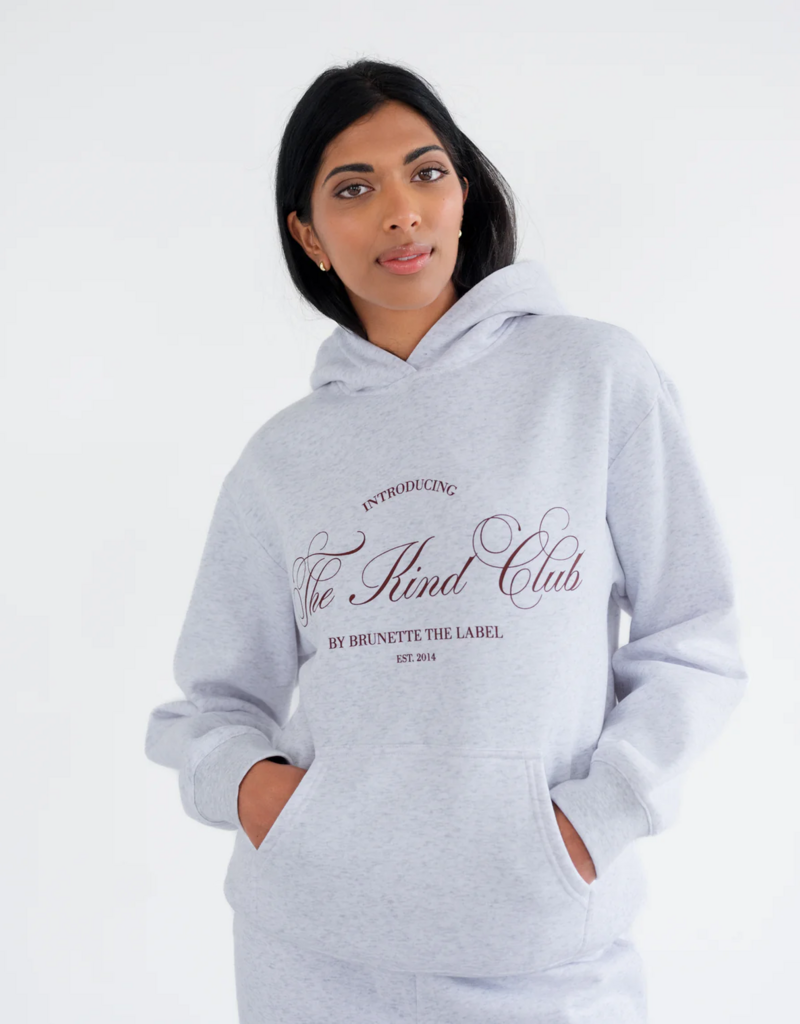 Brunette the Label Kind Club Core Hoodie In Pebble Grey w/ Burgundy Script