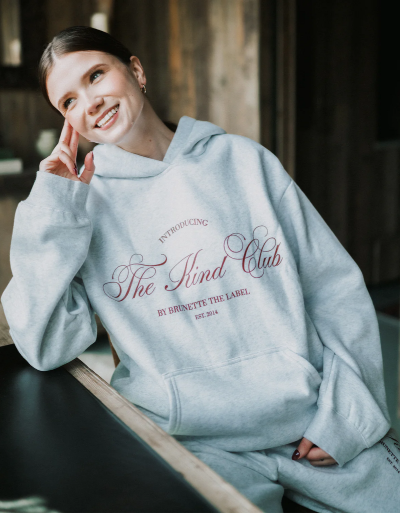 Brunette the Label Kind Club Core Hoodie In Pebble Grey w/ Burgundy Script