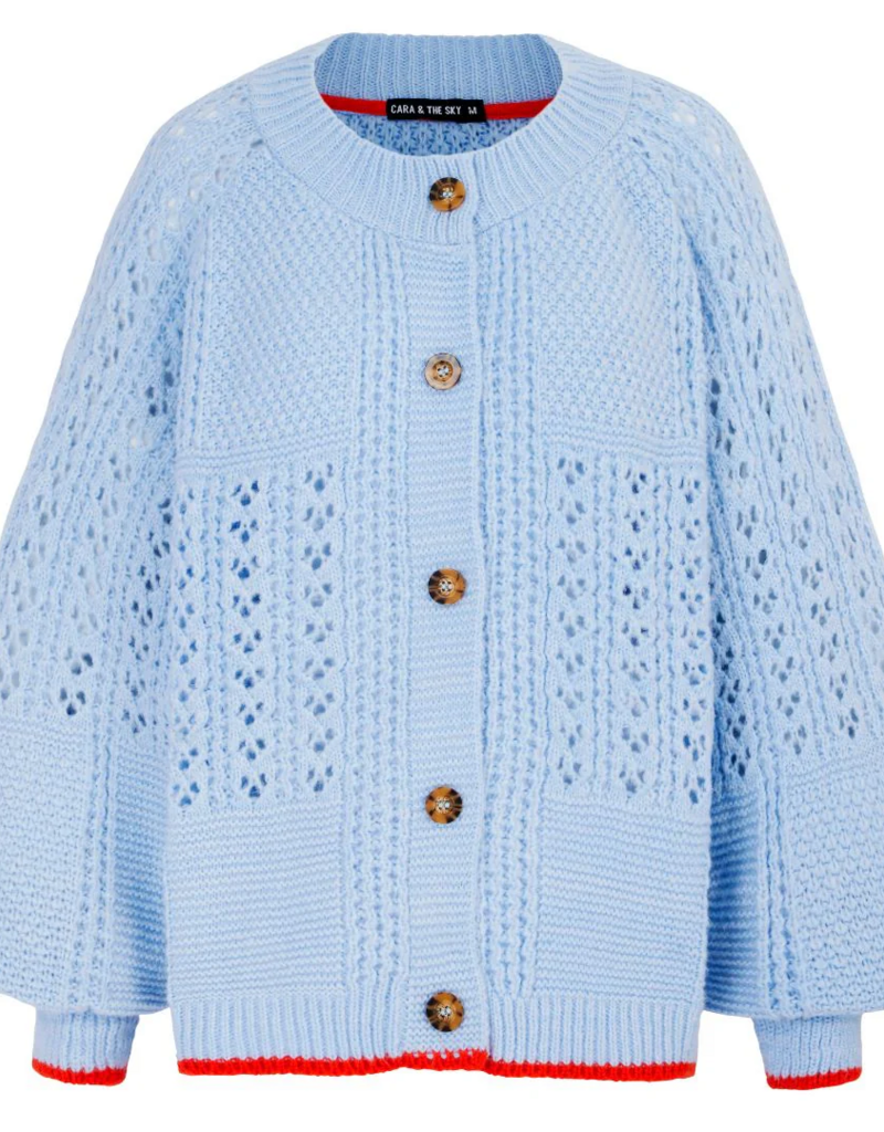Cara and the Sky Brigit Pointelle Stitch Balloon Sleeve Cardigan in Blue