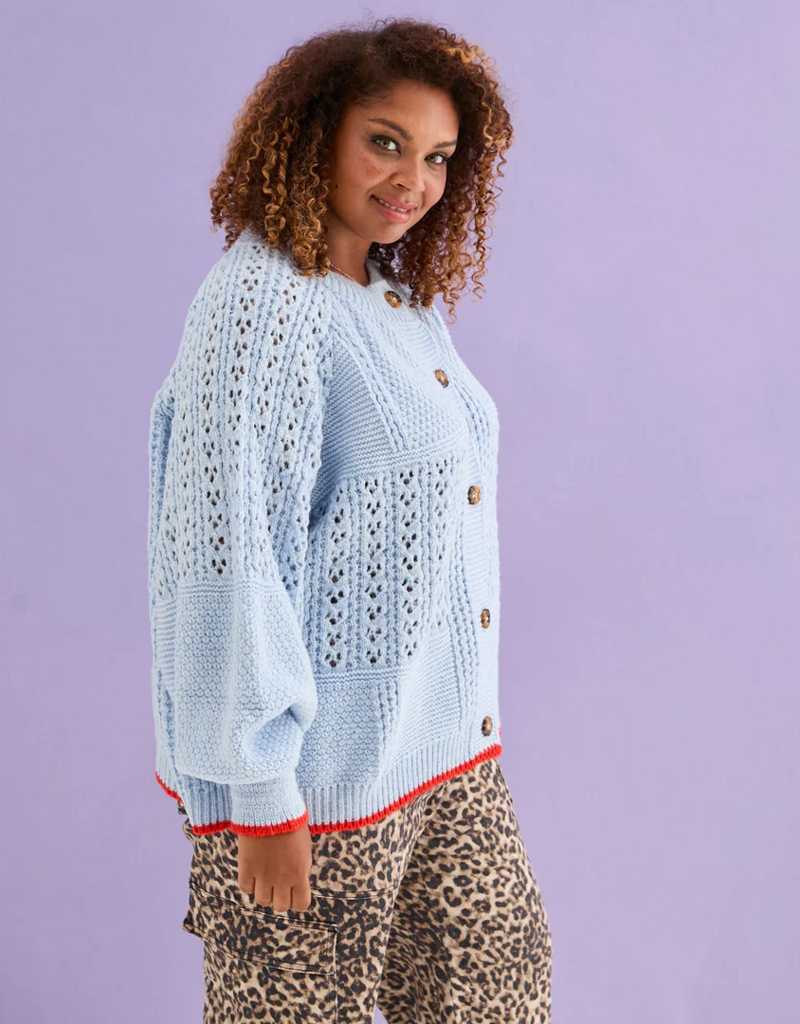 Cara and the Sky Brigit Pointelle Stitch Balloon Sleeve Cardigan in Blue