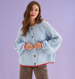 Cara and the Sky Brigit Pointelle Stitch Balloon Sleeve Cardigan in Blue