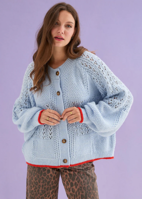 Cara and the Sky Brigit Pointelle Stitch Balloon Sleeve Cardigan in Blue