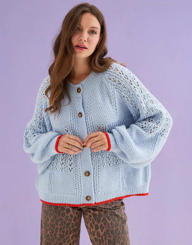 Cara and the Sky Brigit Pointelle Stitch Balloon Sleeve Cardigan in Blue