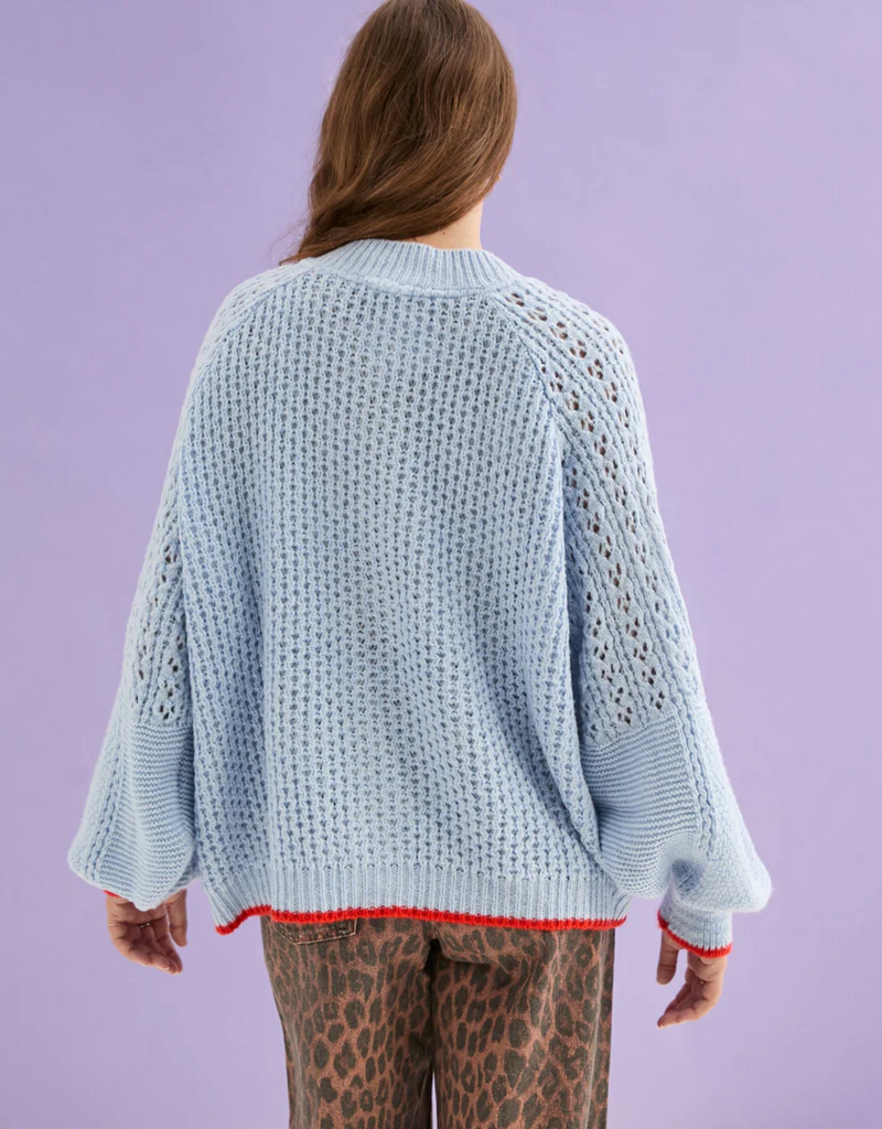 Cara and the Sky Brigit Pointelle Stitch Balloon Sleeve Cardigan in Blue