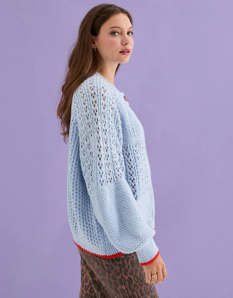 Cara and the Sky Brigit Pointelle Stitch Balloon Sleeve Cardigan in Blue
