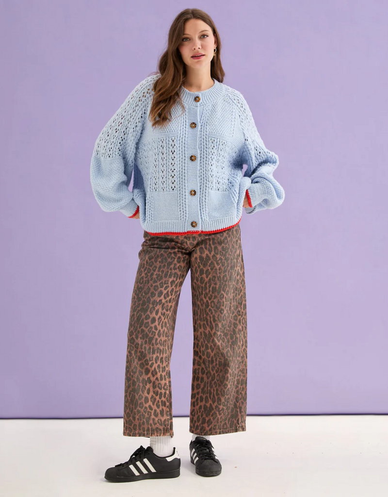 Cara and the Sky Brigit Pointelle Stitch Balloon Sleeve Cardigan in Blue