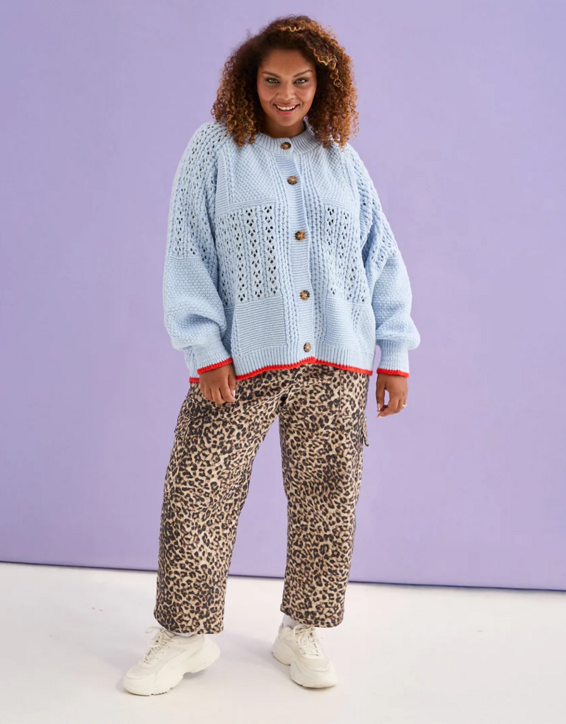 Cara and the Sky Brigit Pointelle Stitch Balloon Sleeve Cardigan in Blue