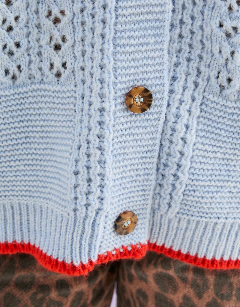 Cara and the Sky Brigit Pointelle Stitch Balloon Sleeve Cardigan in Blue
