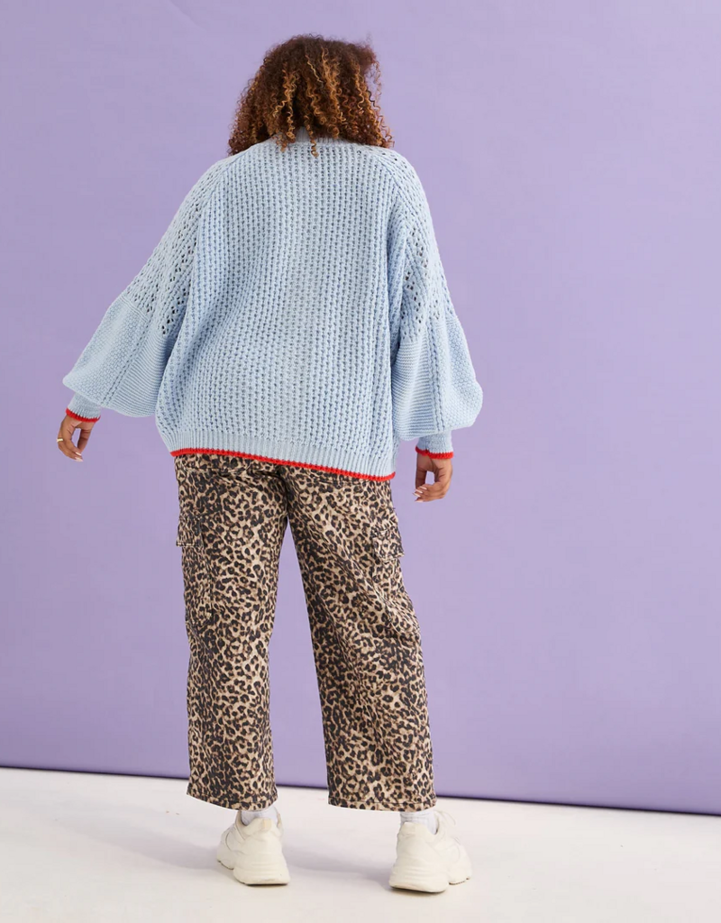 Cara and the Sky Brigit Pointelle Stitch Balloon Sleeve Cardigan in Blue