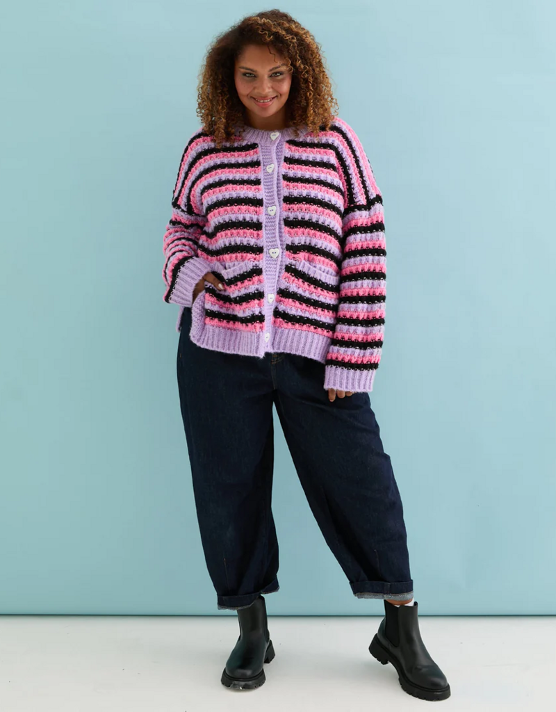 Cara and the Sky Bernice Stripe Cross Stitch Cardigan in Lilac Stripe