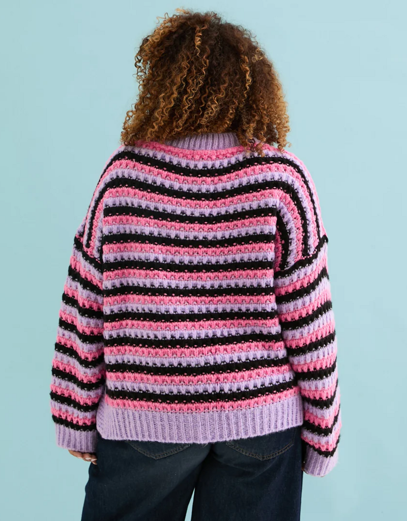Cara and the Sky Bernice Stripe Cross Stitch Cardigan in Lilac Stripe