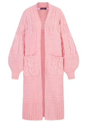 Cara and the Sky Alex Balloon Sleeve Chunky Oversized Cable Maxi Cardigan in Soft Pink