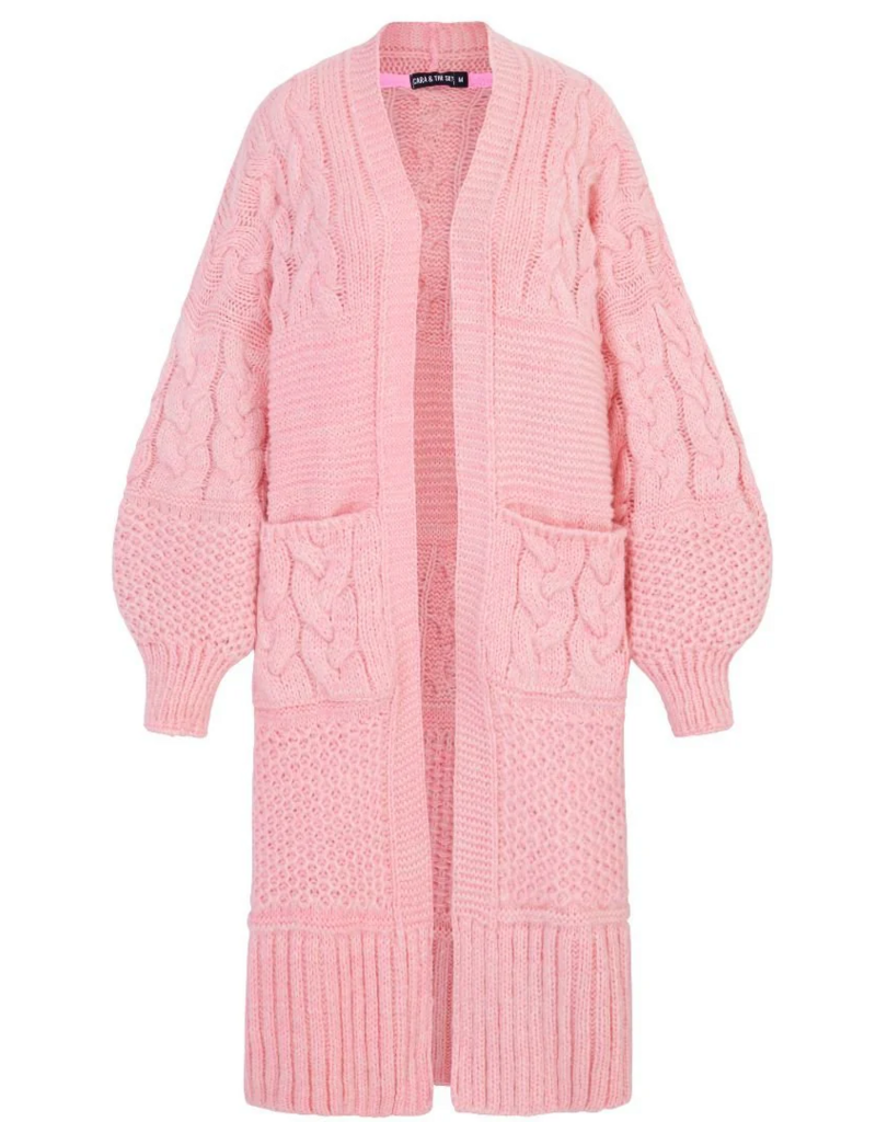 Cara and the Sky Alex Balloon Sleeve Chunky Oversized Cable Maxi Cardigan in Soft Pink