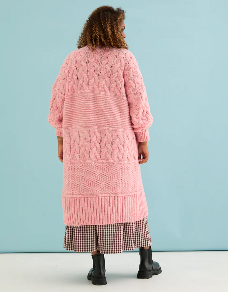 Cara and the Sky Alex Balloon Sleeve Chunky Oversized Cable Maxi Cardigan in Soft Pink