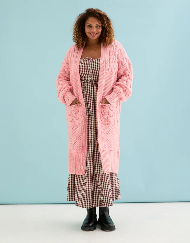 Cara and the Sky Alex Balloon Sleeve Chunky Oversized Cable Maxi Cardigan in Soft Pink