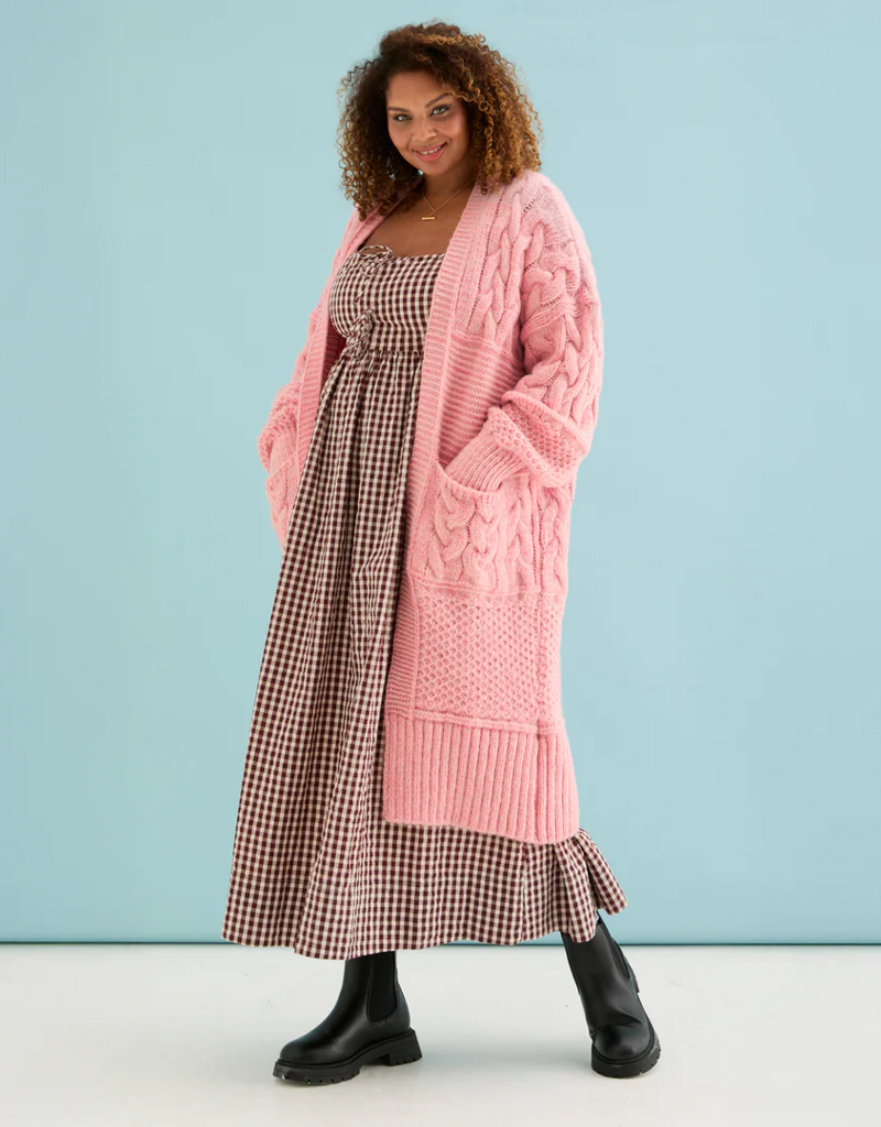 Cara and the Sky Alex Balloon Sleeve Chunky Oversized Cable Maxi Cardigan in Soft Pink
