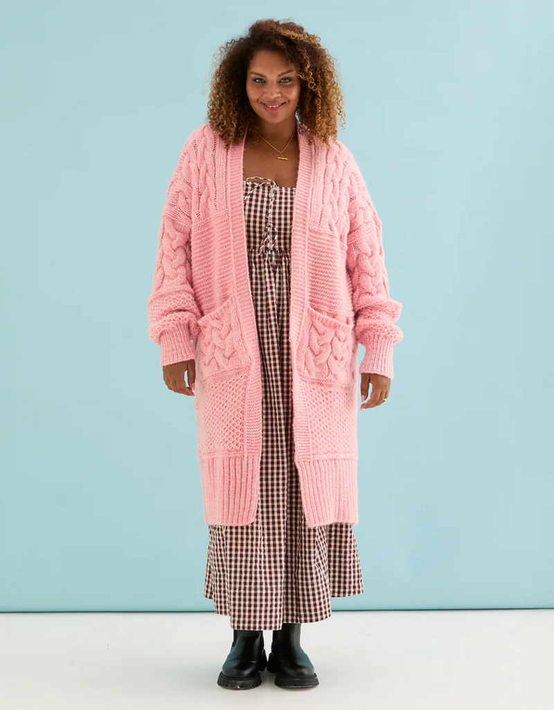 Cara and the Sky Alex Balloon Sleeve Chunky Oversized Cable Maxi Cardigan in Soft Pink