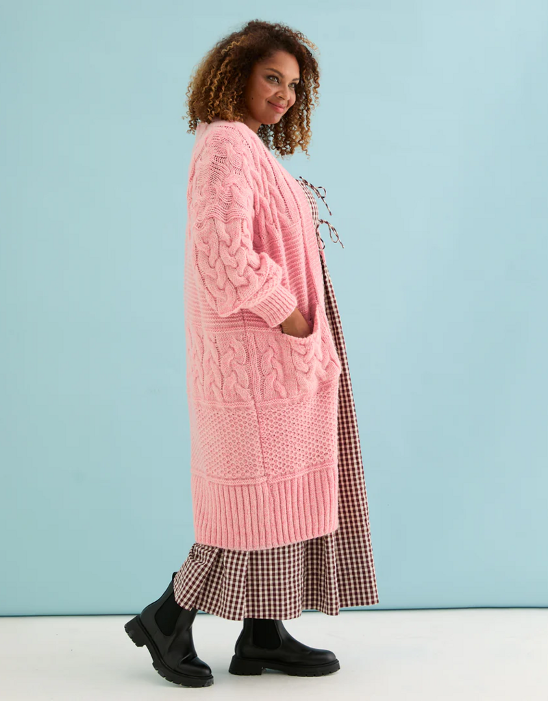 Cara and the Sky Alex Balloon Sleeve Chunky Oversized Cable Maxi Cardigan in Soft Pink