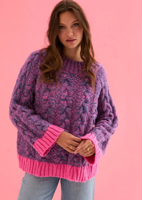 Cara and the Sky Jennie Cable High Neck Wide Sleeve Jumper in Denim Mix