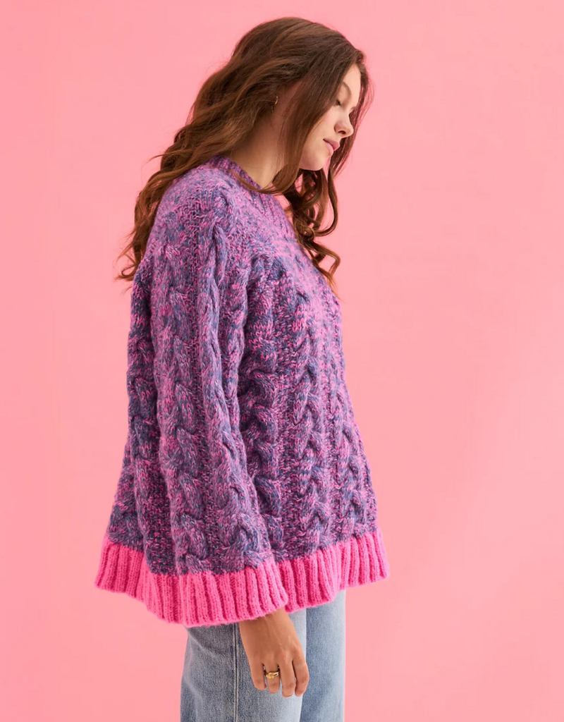 Cara and the Sky Jennie Cable High Neck Wide Sleeve Jumper in Denim Mix