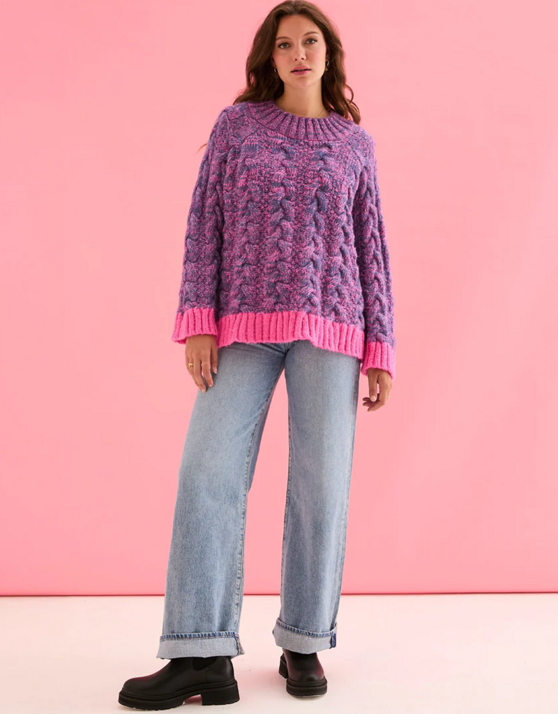 Cara and the Sky Jennie Cable High Neck Wide Sleeve Jumper in Denim Mix