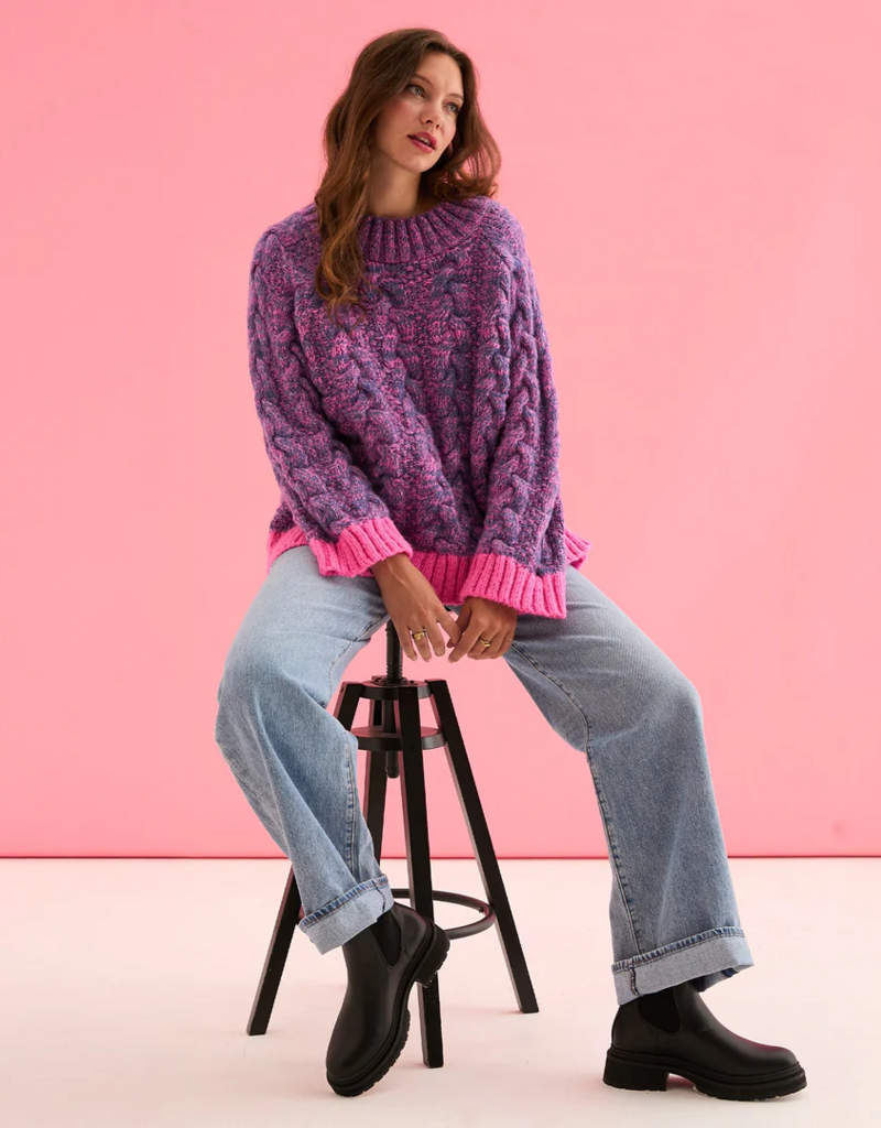 Cara and the Sky Jennie Cable High Neck Wide Sleeve Jumper in Denim Mix
