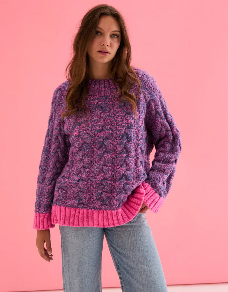 Cara and the Sky Jennie Cable High Neck Wide Sleeve Jumper in Denim Mix