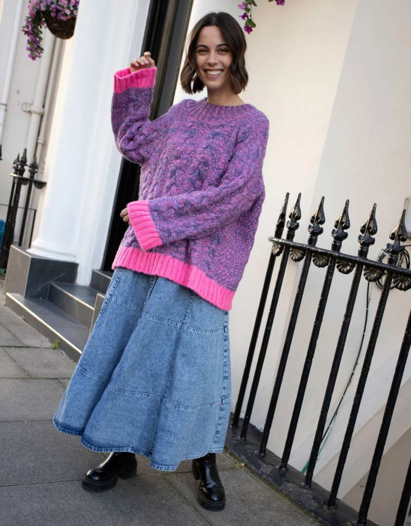 Cara and the Sky Jennie Cable High Neck Wide Sleeve Jumper in Denim Mix