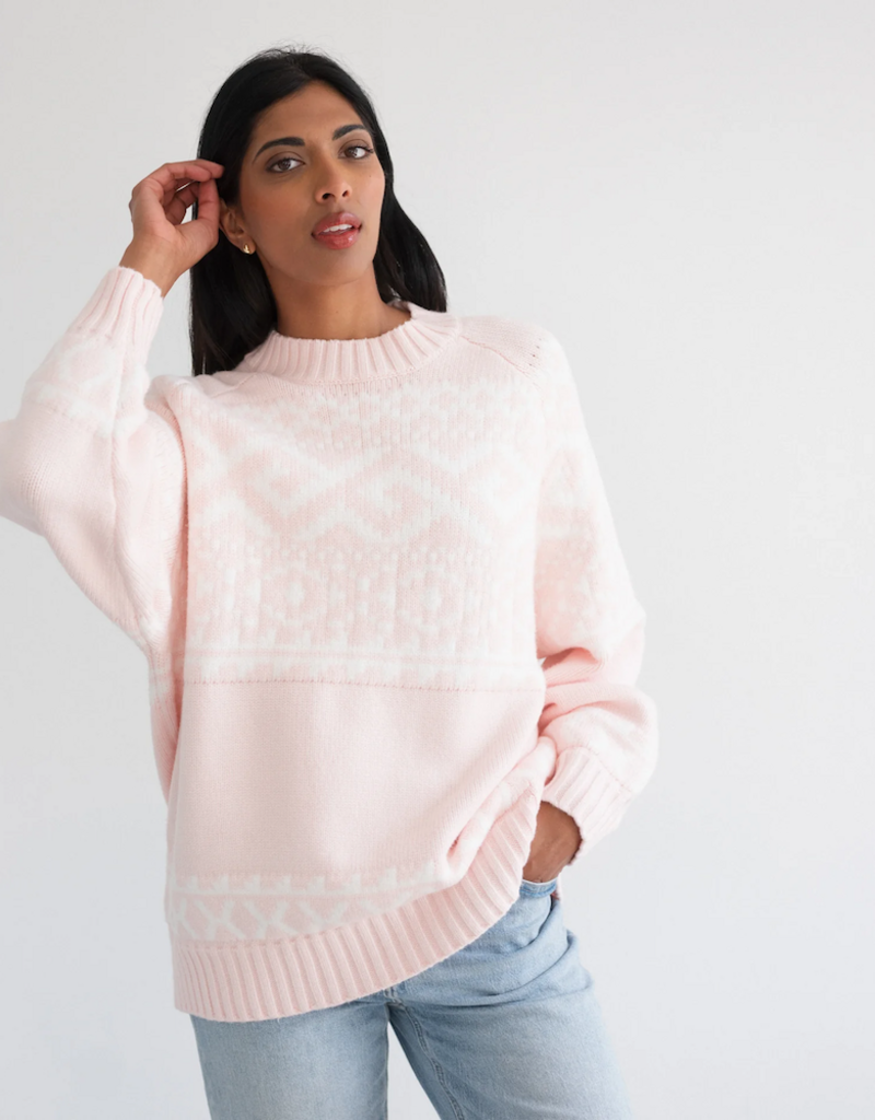 Brunette the Label Fair Isle Sweater In Light Pink w/ Cream