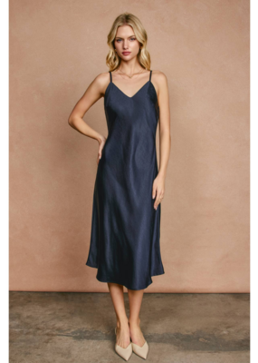 Dress Forum Ramiel Satin Bias Cut Slip Dress in Midnight Blue