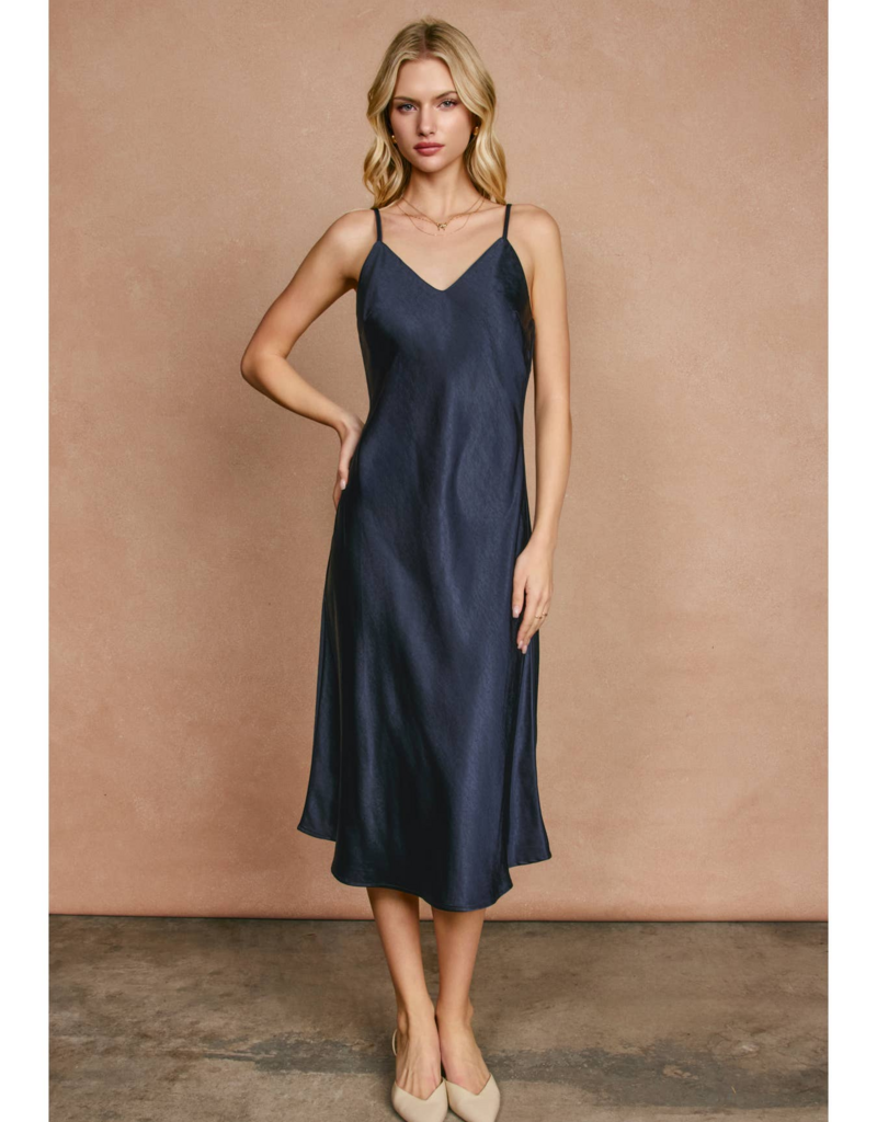 Dress Forum Ramiel Satin Bias Cut Slip Dress in Midnight Blue