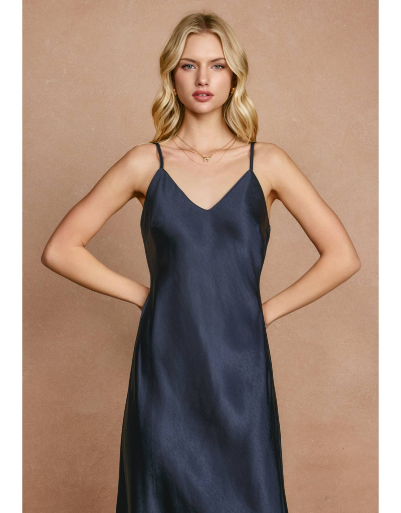 Dress Forum Ramiel Satin Bias Cut Slip Dress in Midnight Blue