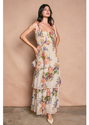 Dress Forum Delicate Affair Corset Tiered Maxi Dress with Shoulder Ties in Soft Coral