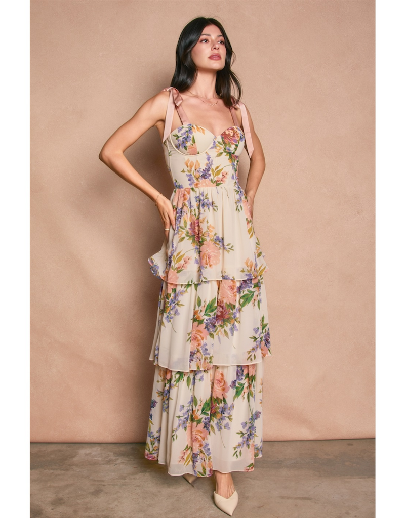 Dress Forum Delicate Affair Corset Tiered Maxi Dress with Shoulder Ties in Soft Coral