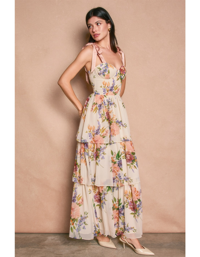 Dress Forum Delicate Affair Corset Tiered Maxi Dress with Shoulder Ties in Soft Coral