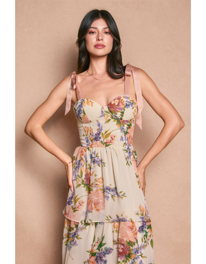 Dress Forum Delicate Affair Corset Tiered Maxi Dress with Shoulder Ties in Soft Coral